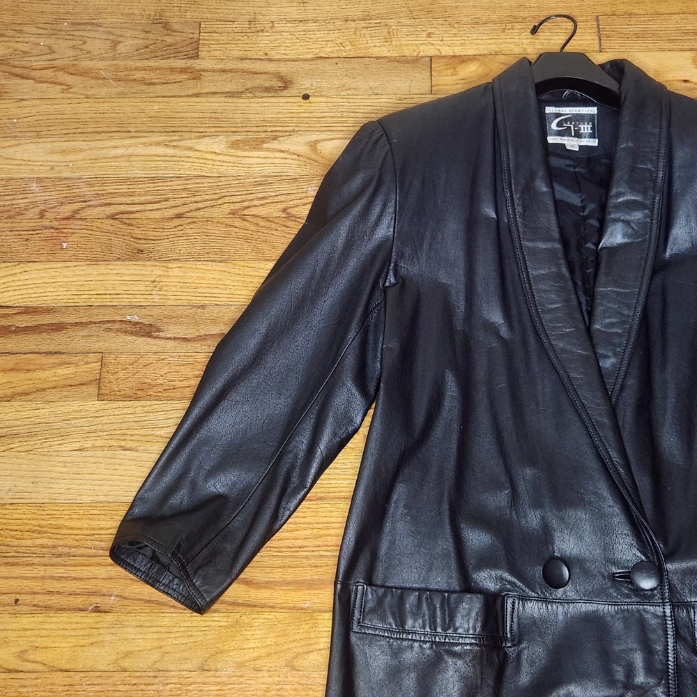 Vintage G3 GIII Leather Trench Coat Jacket Womens Medium 90s 80s Pockets - Picture 9 of 11